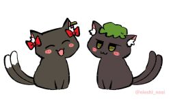 Rule 34 | :3, black cat, blush, bow, cat, chen, chen (cat), chen (cosplay), closed eyes, closed mouth, cosplay, costume switch, full body, green hat, hat, kaenbyou rin, kaenbyou rin (cat), kaenbyou rin (cosplay), mob cap, multiple tails, no humans, noai nioshi, open mouth, red bow, simple background, smile, tail, touhou, two tails, white background