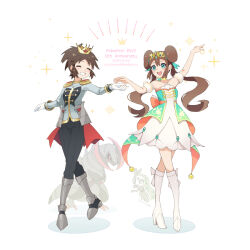 1boy 1girl :d alternate_color anniversary bare_shoulders black_pants boots brown_hair closed_eyes cocoloco commentary_request crown dated double_bun dress epaulettes full_body gen_5_pokemon gloves green_eyes hair_bun haxorus high_heel_boots high_heels legendary_pokemon long_hair long_sleeves meloetta meloetta_(aria) mythical_pokemon nate_(champion)_(pokemon) nate_(pokemon) nintendo official_alternate_costume open_mouth pants pokemon pokemon_(creature) pokemon_bw2 pokemon_masters_ex rosa_(champion)_(pokemon) rosa_(pokemon) shiny_pokemon shirt short_hair smile strapless strapless_dress tiara twintails twitter_username white_background white_dress white_footwear white_gloves