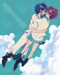 1boy 1girl amate_yuzuriha aqua_skirt black_shoes blue_hair blush cardigan closed_eyes closed_mouth cloud gundam gundam_gquuuuuux hetero highres hug looking_at_another miniskirt noses_touching pants pleated_skirt red_eyes red_hair shirt shoes short_hair short_sleeves shuji_ito skirt sky smile teardrop waterfrontpo white_cardigan white_pants white_shirt