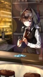 1girl ahoge arknights artist_name bar_(place) bartender black_hair black_vest blush bright_pupils buttons chinese_commentary closed_mouth commentary_request counter cup dated drinking_glass hair_intakes hair_ornament hairclip handkerchief highres holding holding_handkerchief indoors l5mon_meng la_pluma_(arknights) lens_flare long_sleeves looking_at_viewer purple_eyes shirt short_hair solo vest waistcoat white_pupils white_shirt