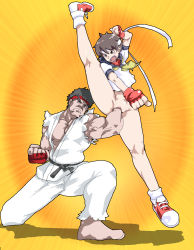 1boy 1girl blue_sailor_collar bottomless capcom censored fever-san fingerless_gloves fisting flexible gloves headband hetero highres kasugano_sakura kicking large_insertion legs pain pointless_censoring punching pussy ryu_(street_fighter) sailor_collar school_uniform serafuku short_hair split street_fighter uppercut vaginal