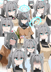 1girl absurdres animal_ear_fluff animal_ears apron b.t._(boob_tong) bare_shoulders blue_archive blue_eyes blue_halo bread breasts brown_shirt chibi closed_mouth clothing_cutout cross cross_hair_ornament extra_ears food grey_hair hair_between_eyes hair_ornament halo heart highres inverted_cross light_blush shaded_face shiroko_(blue_archive) shirt shoulder_cutout solo spring_onion wolf_ears
