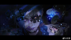Rule 34 | 1boy, 2girls, arcane: league of legends, arcane jinx, arcane vi, artist name, blue eyes, blue hair, caitlyn (league of legends), clenched teeth, crying, glowing, glowing eyes, he li, highres, jinx (league of legends), league of legends, lightning, looking at viewer, multiple girls, pink hair, puzzle, puzzle piece, sharp teeth, silco (arcane), tears, teeth, vi (league of legends), watermark, weibo watermark