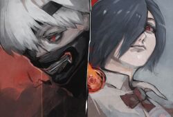 Rule 34 | 1boy, 1girl, black hair, bow, bowtie, closed mouth, collared shirt, eyepatch, hair over one eye, highres, kagune (tokyo ghoul), kaneki ken, kirishima touka, mask, mouth mask, red bow, red bowtie, red eyes, shirt, short hair, stfr (stfr kaz), tokyo ghoul, upper body, white hair