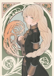 1girl :o absurdres art_nouveau black_skirt braid buttons commentary_request dangouo_ty fire_emblem fire_emblem:_three_houses garreg_mach_monastery_uniform green_eyes hand_on_own_chest highres ingrid_brandl_galatea juliet_sleeves long_hair long_sleeves looking_at_viewer nintendo puffy_sleeves skirt solo very_long_hair