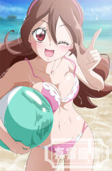 Rule 34 | 1girl, aged up, ball, beach, beachball, bikini, blue sky, breasts, brown hair, cleavage, cloud, collarbone, day, fuchi (nightmare), highres, holding, holding ball, holding beachball, kimi to idol precure, large breasts, long hair, navel, ocean, one eye closed, open mouth, outdoors, pink bikini, precure, red eyes, sakura uta (precure), sand, sky, smile, solo, stomach, swimsuit, watermark