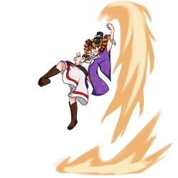 1girl absurdres avian_zebra black_hat blazblue boots bracelet brown_boots coat commentary dress drill_hair english_commentary fire full_body hat highres jewelry long_sleeves mini_hat mini_top_hat naoto_kurogane orange_eyes orange_hair purple_coat round_eyewear simple_background solo sunglasses top_hat touhou twin_drills uppercut variant_set white_background white_dress wide_sleeves yorigami_jo&#039;on