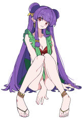 1girl absurdres anklet apron arm_support barefoot bell between_legs bikini breasts cleavage collarbone double_bun earrings frilled_apron frills full_body green_apron hair_bell hair_bun hair_ornament hand_between_legs highres hoop_earrings jewelry jingle_bell long_hair looking_at_viewer purple_hair ranma_1/2 red_bikini red_eyes shampoo_(ranma_1/2) sidelocks simple_background sitting solo swimsuit white_background yaha0079
