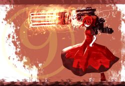 1girl arm_mounted_weapon armored_core armored_core_v black_shirt circled_9 cirno dress gaius_(nikoniko2) glowing glowing_weapon grind_blade_(armored_core) looking_at_viewer nineball=cirno pinafore_dress puffy_short_sleeves puffy_sleeves red_eyes red_hair shirt short_sleeves sleeveless sleeveless_dress solo touhou two-tone_dress weapon