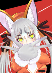 1girl animal_ears brown_hair extra_ears fox_ears fox_girl gloves grey_hair hat highres island_fox_(kemono_friends) jacket kemono_friends kemono_friends_v_project long_hair looking_at_viewer necktie nekomimi_illust red_background ribbon simple_background solo twintails upper_body v virtual_youtuber yellow_eyes