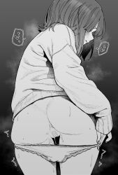 1girl anus ass bandaid bandaid_on_pussy blush commentary_request covered_eyes gradient_background grey_background greyscale heart highres long_hair long_sleeves monochrome original panties panty_pull pussy_juice sleeves_past_wrists solo spoken_heart steam steaming_body sweat sweater trembling underwear untsuku very_sweaty