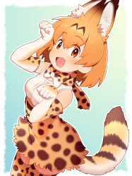 1girl :d animal_ears animal_print bare_shoulders blonde_hair blush bow bowtie breasts cowboy_shot cross-laced_clothes dot_nose duplicate dutch_angle elbow_gloves extra_ears eyes_visible_through_hair fang gloves gradient_background hair_between_eyes high-waist_skirt kemono_friends kiri_futoshi leaning_forward looking_at_viewer miniskirt nose_blush open_mouth orange_bow orange_bowtie outline outside_border paw_pose pixel-perfect_duplicate print_bow print_bowtie serval_(kemono_friends) shiny_skin shirt short_hair signature skirt sleeveless sleeveless_shirt small_breasts smile solo striped_tail tail thighhighs two-tone_bow two-tone_bowtie white_bow white_bowtie white_shirt yellow_eyes zettai_ryouiki