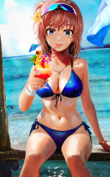 1girl absurdres bikini blue_bikini blue_eyes blue_sky breasts cherry cleavage cocktail_umbrella crazy_straw day drinking_straw eyewear_on_head flower food front-tie_bikini_top front-tie_top fruit grace16 hair_bun hair_flower hair_ornament heart_straw highres jewelry knees large_breasts looking_at_viewer medium_hair navel necklace ocean outdoors side-tie_bikini_bottom single_hair_bun sitting sky smile solo stomach sunglasses swimsuit thighs variant_set yahari_ore_no_seishun_lovecome_wa_machigatteiru. yuigahama_yui