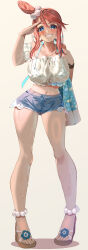 1girl absurdres anklet bag bikini bikini_under_clothes bikini_under_shorts blue_bikini blue_eyes blue_shorts blush breasts collarbone crop_top denim denim_shorts hair_ornament highres jewelry large_breasts legs looking_at_viewer midriff momdy_(talesshinja) navel nintendo off-shoulder_shirt off_shoulder official_alternate_costume one_side_up open_mouth platform_sandals pokemon pokemon_masters_ex red_hair sandals see-through_clothes shirt shorts shoulder_bag sidelocks skyla_(pokemon) skyla_(summer_2025)_(pokemon) smile solo swimsuit teeth