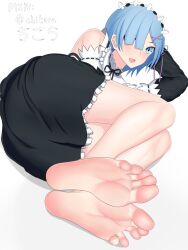 1girl barefoot blue_eyes blue_hair chikora feet hair_over_one_eye looking_at_viewer lying maid medium_hair on_side open_mouth re:zero_kara_hajimeru_isekai_seikatsu rem_(re:zero) soles toes