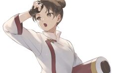1girl breasts brown_eyes brown_hair chinese_clothes commentary_request double_bun fingerless_gloves gloves hair_bun holding holding_scroll medium_breasts naruto_(series) naruto_shippuuden open_mouth scroll solo sweat tenten_(naruto) upper_body usao_(313131) wiping_sweat