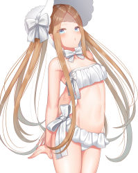 1girl abigail_williams_(fate) abigail_williams_(swimsuit_foreigner)_(fate) abigail_williams_(swimsuit_foreigner)_(third_ascension)_(fate) absurdres bare_shoulders bikini blonde_hair blue_eyes bonnet bow breasts fate/grand_order fate_(series) forehead hair_bow highres komainu_(yamaha1997) loli long_hair miniskirt navel parted_bangs bad_tag sidelocks skirt small_breasts swimsuit twintails very_long_hair white_bikini white_bow white_headwear