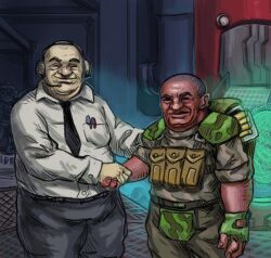 2boys armor backpack bag bald black_necktie black_pants breast_pocket commentary cowboy_shot dark-skinned_male dark_skin deep_rock_galactic english_commentary fingerless_gloves gloves green_gloves green_pants green_shirt headset highres indoors joe_duncan kongolo_nadiane looking_at_viewer male_focus meme microphone mission_control_(drg) multiple_boys necktie pants pen pocket scene_reference shirt shoulder_armor sleeves_rolled_up smile ssethtzeentach standing the_office white_shirt wing_collar young_michael_scott_shaking_ed_truck&#039;s_hand_(meme)