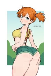 1girl abstract_background absurdres adelinayuri artist_name ass border breasts cowboy_shot creatures_(company) crop_top denim denim_shorts female_focus from_behind game_freak green_eyes green_shorts highres looking_at_viewer looking_back medium_breasts micro_shorts misty_(pokemon) nintendo no_bra orange_hair outdoors pokemon pokemon_(anime) pokemon_(classic_anime) revealing_clothes shirt short_hair shorts side_ponytail smile solo standing suspenders thighs underboob yellow_shirt