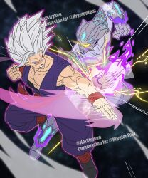 2boys absurdres alien armor armored_boots artist_name aura battle battle_damage beyond_twin_edge bodysuit boots closed_mouth clothing_cutout color_timer commission crossover dougi dragon_ball dragon_ball_super dragon_ball_super_super_hero dragonball_z energy_horns fighting glowing glowing_eyes gohan_beast grey_bodysuit grey_footwear grey_hair highres multiple_boys muscular muscular_male notstrykon red_eyes red_sash sash serious shoulder_pads smile son_gohan spiked_hair standing teeth thigh_cutout tokusatsu twitter_username ultra_galaxy_(series) ultra_series ultraman_geed_(series) ultraman_zero ultraman_zero:_the_revenge_of_belial ultraman_zero_beyond ultraman_zero_the_movie_choukessen!_belial_ginga_teikoku white_hair wristband yellow_eyes