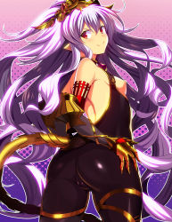 1girl ass bare_shoulders blush bodysuit breasts breasts_out cameltoe closed_mouth commentary_request elbow_gloves female_focus gauntlets gloves granblue_fantasy hair_between_eyes headpiece highres kyoku_tou light_purple_hair long_hair looking_at_viewer looking_back medusa_(shingeki_no_bahamut) nipples pointy_ears purple_background red_eyes small_breasts smile solo standing tail very_long_hair