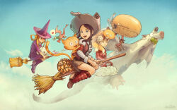 1other 4girls absurdres aircraft airship armband bird blonde_hair blue_eyes broom broom_riding brown_eyes brown_hair brown_skirt carrot_(pepper&amp;carrot) cat center_frills checkered_armband checkered_clothes checkered_leg_warmers cloud coriander_(pepper&amp;carrot) cow dark-skinned_female dark_skin david_revoy dragon duck flying foot_pedal fox frilled_shirt frills grid hair_ornament hair_stick hat heart highres jacket leg_warmers long_sleeves mango_(pepper&amp;carrot) miniskirt multiple_girls open_mouth orange_hair pepper&amp;carrot pepper_(pepper&amp;carrot) propeller purple_jacket purple_skirt red_armband red_eyes red_leg_warmers red_vest saffron_(pepper&amp;carrot) shichimi_(pepper&amp;carrot) shirt sidelocks skirt sky smile teeth tree truffel_(pepper&amp;carrot) upper_teeth_only vest white_shirt witch_hat yuzu_(pepper&amp;carrot)