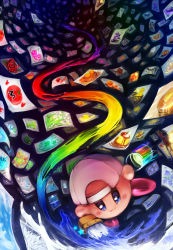 1up :d backwards_hat bad_id banana basket blue_background blue_eyes blush blush_stickers brush bucket cake candy caramel_(artist) cherry chocolate chocolate_bar dessert fish flower food fruit grapes hat highres kirby kirby_(series) lemon lollipop maximum_tomato nintendo no_humans open_mouth orange_(fruit) paint_kirby paintbrush painting_(action) peach photo_(object) plant plum rainbow rainbow_order smile solo star_(symbol) sweets tomato