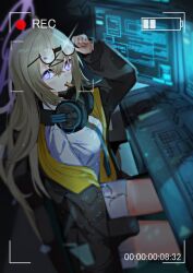 Rule 34 | 1girl, absurdres, adjusting eyewear, black-framed eyewear, black jacket, blonde hair, blue archive, blue necktie, blush, breasts, chair, clip studio paint (medium), commentary request, computer, computer keyboard, computer mouse, cowboy shot, dark background, desk, e buki, eating, eyewear on head, glasses, halo, hand up, headphones, headphones around neck, highres, indoors, jacket, kotama (blue archive), long hair, looking at viewer, medium breasts, miniskirt, monitor, mouth hold, necktie, on chair, open clothes, open jacket, pleated skirt, purple eyes, purple halo, recording, semi-rimless eyewear, shirt, sitting, skirt, solo, two-sided fabric, two-sided jacket, under-rim eyewear, white shirt, white skirt