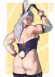 Rule 34 | 1girl, 2023, animal ear headband, animal ears, arm strap, ass, aurahack, character name, chinese zodiac, cross-laced clothes, cross-laced leotard, dorohedoro, ear tug, earrings, fake animal ears, highres, jewelry, leotard, long hair, muscular, muscular female, noi (dorohedoro), playboy bunny, rabbit tail, red eyes, solo, strapless, strapless leotard, tail, tassel, tassel earrings, white hair, wrist cuffs, year of the rabbit