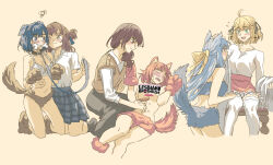 6+girls ahoge animal_collar animal_ears animal_hands anisphia_wynn_palettia anjuro_zeeku asumi-chan_wa_rezu_fuuzoku_ni_kyoumi_ga_arimasu! asymmetrical_bangs black_ribbon black_socks blonde_hair blue_collar blue_eyes blue_hair blue_shorts blue_skirt blue_tube_top blunt_bangs blush bone_in_mouth bra brown_background brown_collar brown_hair brown_shorts brown_vest censored chair closed_eyes closed_mouth collar collarbone commentary cross cross_earrings dog_ears dog_girl dog_tail earrings ears_down english_commentary euphyllia_magenta flying_sweatdrops frilled_skirt frills from_behind fur-trimmed_thighhighs fur_shorts fur_trim gloves green_eyes grey_pants hair_between_eyes hair_ribbon hand_on_another&#039;s_head hands_on_another&#039;s_knees highres holding holding_leash holding_towel hug_from_side jewelry kemonomimi_mode kneeling kusumoto_asumi leash light_smile logo long_hair long_sleeves looking_at_another looking_down lying medium_hair messy_hair midriff miyagi_shiori mouth_hold multiple_girls multiple_views navel on_back one_eye_closed ookura_nanao open_mouth pants paw_gloves paw_pose paw_shoes pet_play plaid_clothes plaid_skirt pleated_skirt ponytail raised_inner_eyebrows red_skirt ribbon scratching_stomach sendai_hazuki shirt short_hair short_sleeves shorts shuuniichido_classmate_wo_kau_hanashi simple_background sitting skirt socks split_mouth squiggle strapless tail teeth tensei_oujo_to_tensai_reijou_no_mahou_kakumei thighhighs towel tube_top underwear upper_teeth_only vest white_bra white_shirt white_thighhighs yellow_ribbon yuri zettai_ryouiki