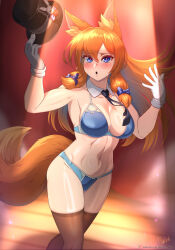 1girl :o animal_ear_fluff animal_ears artist_name black_hat black_necktie blue_bow blue_bra blue_eyes blue_panties blush bow bra breasts brown_thighhighs cleavage collarbone commentary commentary_request covered_navel cowboy_shot detached_collar english_commentary eyelashes fox_ears fox_girl fox_tail gloves groin hair_between_eyes hair_bow hat highres holding holding_unworn_clothes holding_unworn_hat kitsu_(vilde_loh_hocen) large_variant_set leotard long_hair looking_at_viewer medium_breasts mixed-language_commentary necktie open_mouth orange_hair original panties patreon_logo patreon_username playboy_bunny solo spotlight stage tail thighhighs top_hat underwear unworn_hat unworn_headwear variant_set vilde_loh_hocen watermark web_address white_gloves