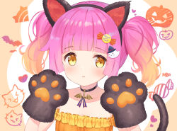 1girl alternate_hairstyle animal_ears animal_hands animal_print artist_name artist_request bare_shoulders black_choker blush breasts brown_eyes candy_hair_ornament candy_print cat_ears cat_print cat_tail choker closed_mouth collarbone dress female_focus flat_chest food-themed_hair_ornament food_print frilled_dress frills ghost_hair_ornament gloves hair_ornament halloween heart heart_(symbol) heart_print looking_at_viewer love_live! love_live!_nijigasaki_high_school_idol_club love_live!_school_idol_festival multicolored_hair orange_dress parted_lips paw_gloves pink_hair short_hair small_breasts smile solo tail tennoji_rina twintails upper_body yellow_dress yellow_eye