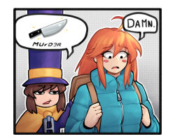 2girls a_hat_in_time ahoge backpack bag behind_another blue_jacket blush blush_stickers border breasts brown_bag brown_hair cape celeste_(video_game) commentary crossover down_jacket english_commentary english_text frown gradient_background hand_on_another&#039;s_shoulder hannesfkr hat hat_kid hat_ribbon holding_strap i_think_we&#039;re_gonna_have_to_kill_this_guy_steven_(meme) jacket kitchen_knife knife long_hair long_sleeves looking_down madeline_(celeste) medium_hair meme multiple_girls open_mouth orange_hair outline oversized_clothes profanity purple_hat purple_jacket ribbon sidelocks small_breasts speech_bubble talking tall_hat top_hat two-tone_background upper_body white_border white_outline yellow_cape yellow_ribbon zipper zipper_pull_tab