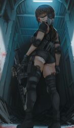 1girl absurdres ankle_boots ass ass_tattoo black_boots black_shirt black_shorts black_thighhighs blood blood_on_face boots breasts brown_hair commentary dgkamikaze elbow_pads english_commentary from_behind goggles green_eyes grin gun highres holding holding_gun holding_weapon indoors knee_pads leg_tattoo orange-tinted_eyewear original ruins scope second-party_source shirt short_hair short_shorts short_sleeves shorts smile solo standing tattoo thigh_strap thighhighs tinted_eyewear walkie-talkie weapon