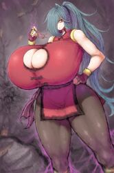 1girl 2b-ge belt breasts cleavage_cutout clothing_cutout creature fingerless_gloves gigantic_breasts gloves grey_hair hair_over_one_eye highres holding holding_creature leggings long_hair mei&#039;s_mom_(2b-ge) original ponytail sleeveless slug standing very_long_hair