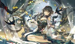 1girl absurdres bird black_hair blue_footwear bracelet breasts cleavage clothing_cutout commentary cup curtains dress earrings full_body gloves green_dress green_eyes green_gloves hair_intakes hand_up high_heels highres holding holding_needle honkai:_star_rail honkai_(series) jewelry long_hair looking_at_viewer mento necklace needle parted_lips pearl_earrings pearl_necklace ruan_mei_(honkai:_star_rail) seiza sewing sewing_needle shoulder_cutout sitting solo swallow_(bird) table teapot