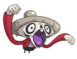 1girl black_skirt colored_skin dokurobaa glasgow_smile grey_hair highres horror_(theme) long_arms open_clothes open_mouth open_shirt red_shirt shirt simple_background skirt solo teeth third-party_source updo upper_teeth_only white_background white_skin youkai_(youkai_watch) youkai_watch