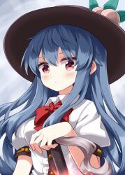 Rule 34 | 1girl, blue hair, blush, bow, bowtie, brown hat, center frills, collared shirt, commentary request, frills, hat, hat ornament, highres, hinanawi tenshi, holding, holding sword, holding weapon, leaf hat ornament, long hair, looking at viewer, peach hat ornament, puffy short sleeves, puffy sleeves, red bow, red bowtie, red eyes, ruu (tksymkw), shirt, short sleeves, solo, sword, sword of hisou, touhou, upper body, weapon, white shirt