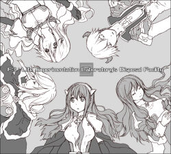 1boy 4girls armor bad_id breastplate breasts cape closed_eyes closed_mouth coat crop_top cross cross_necklace dress elbow_gloves fake_horns fur-trimmed_cape fur_trim gloves greyscale high_priest_(ragnarok_online) high_wizard_(ragnarok_online) horns hunter_(ragnarok_online) jewelry juliet_sleeves lala_(sputnik) long_hair long_sleeves lord_knight_(ragnarok_online) medium_breasts monochrome multiple_girls necklace open_mouth pauldrons puffy_sleeves ragnarok_online shirt short_hair shoulder_armor simple_background smile two-tone_dress upper_body