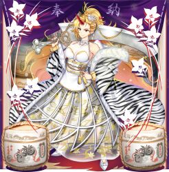 1girl alternate_costume alternate_hairstyle blonde_hair breasts chain choker cleavage cleaver closed_mouth coat cuffs fingernails flower full_body fur-trimmed_coat fur_trim game_cg gold_trim hair_flower hair_ornament hair_stick hand_on_own_hip high_heels highres holding holding_sword holding_weapon horns hoshiguma_yuugi hoshiguma_yuugi_(bold_white_ogre) leaf_print long_fingernails long_hair long_sleeves looking_at_viewer official_art oni open_clothes open_coat over_shoulder pointy_ears ponytail print_skirt red_eyes red_horns red_nails rotte_(1109) sash see-through_clothes see-through_skirt shackles shoes single_horn skirt smile solo standing sword sword_over_shoulder third-party_source touhou touhou_lostword translation_request transparent_background very_long_hair weapon weapon_over_shoulder white_choker white_coat white_flower white_shoes white_skirt white_tiger_print