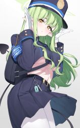 Rule 34 | 1girl, absurdres, alternate breast size, armband, black hat, black jacket, black skirt, blue archive, blue armband, breasts, commentary request, gloves, gradient background, green hair, green halo, grey background, halo, hat, highres, hikari (blue archive), jacket, long hair, medium breasts, pantyhose, pizza (pizzania company), skirt, solo, underboob, white gloves, white pantyhose, yellow eyes