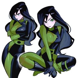 1girl absurdres arms_under_breasts asymmetrical_gloves black_bodysuit black_hair black_lips bodysuit breasts closed_mouth crossed_ankles crossed_arms gloves green_bodysuit green_eyes highres kim_possible_(series) long_hair medium_breasts mismatched_gloves multiple_views shego simple_background sitting skin_tight solo two-tone_bodysuit very_long_hair white_background zeon_(zzeeonn)