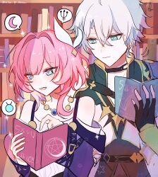1boy 1girl absurdres black_cat black_gloves blue_eyes book cat coat commentary_request crescent_moon cyrene_(honkai:_star_rail) dress fingerless_gloves gloves highres holding holding_book honkai:_star_rail honkai_(series) indoors jewelry library mina_gi_meron moon necklace phainon_(honkai:_star_rail) pink_hair polearm purple_coat short_hair spoken_object trident twitter_username weapon white_dress white_hair