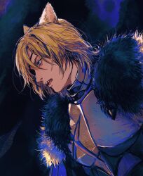 Rule 34 | 1boy, animal ears, armor, black fur, blonde hair, blue cape, blue eyes, breastplate, breeze paro, cape, cat boy, cat ears, commentary, dimitri alexandre blaiddyd, dimitri alexandre blaiddyd (timeskip), dutch angle, eyepatch, fire emblem, fire emblem: three houses, fur-trimmed cape, fur trim, hashtag-only commentary, highres, kemonomimi mode, looking ahead, male focus, medium hair, nintendo, one eye covered, open mouth, profile, solo, teeth, tongue, upper body, upper teeth only, white fur
