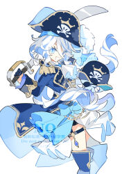 1girl blue_boots blue_coat blue_eyes boots coat cowboy_shot cyenmi3 english_text furina_(genshin_impact) genshin_impact grin hat highres holding holding_sword holding_weapon long_hair pirate pirate_costume pirate_hat simple_background smile solo sword teeth watermark weapon white_background white_hair
