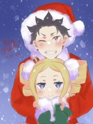 Rule 34 | 1boy, 1girl, age difference, beatrice (re:zero), blonde hair, blue eyes, blush, brown eyes, brown hair, christmas, drill hair, grin, hat, highres, hug, merry christmas, natsuki subaru, outdoors, pabobingu, re:zero kara hajimeru isekai seikatsu, santa costume, santa hat, sidelocks, smile, snowing, standing, symbol-shaped pupils, teenage boy and younger girl, twin drills, upper body