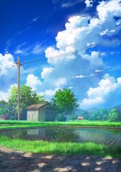 Rule 34 | absurdres, banana tree, blue sky, building, cloud, cloudy sky, commentary request, day, grass, highres, mountain, no humans, original, outdoors, pei (sumurai), power lines, reflection, reflective water, rice paddy, scenery, shack, shade, shadow, sky, tree, utility pole, water