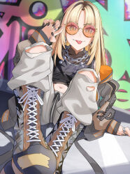 1girl absurdres animal_print black_hair black_nails black_shirt black_tank_top blonde_hair blue_eyes boots braid claw_pose commentary fangs grey_pants highres hololive hololive_dev_is jacket jewelry koganei_niko lace-up_boots long_hair mizuna_(lo0hk) multicolored_hair multiple_rings navel orange-tinted_eyewear pants ring round_eyewear shirt shoelaces side_braid sitting sleeveless sleeveless_shirt slit_pupils solo streaked_hair sukajan sunglasses sweatpants tank_top tiger_print tinted_eyewear tongue tongue_out torn_clothes torn_pants virtual_youtuber yellow-framed_eyewear