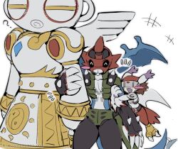 Rule 34 | confeito000 333, covered eyes, cross, digimon, digimon (creature), digimon adventure 02, doguu, expressionless, friends, fusion, happy, helmet, highres, holding another&#039;s arm, mask, pointy ears, shakkoumon, silphymon, wings
