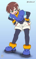 1girl aile_(mega_man_zx) bent_over black_bodysuit blue_background blue_jacket blush bodysuit bodysuit_under_clothes brown_hair cropped_jacket fang full_body gradient_background green_eyes hands_on_own_hips highres ian_dimas jacket looking_at_viewer mega_man_(series) mega_man_zx open_mouth robot_ears short_hair shorts simple_background solo white_shorts